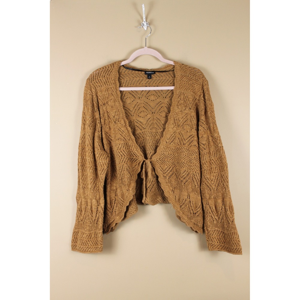 Torrid Boho Cottagecore Brown Open Knit V-Neck Tie Front Shrug Sweater 3X